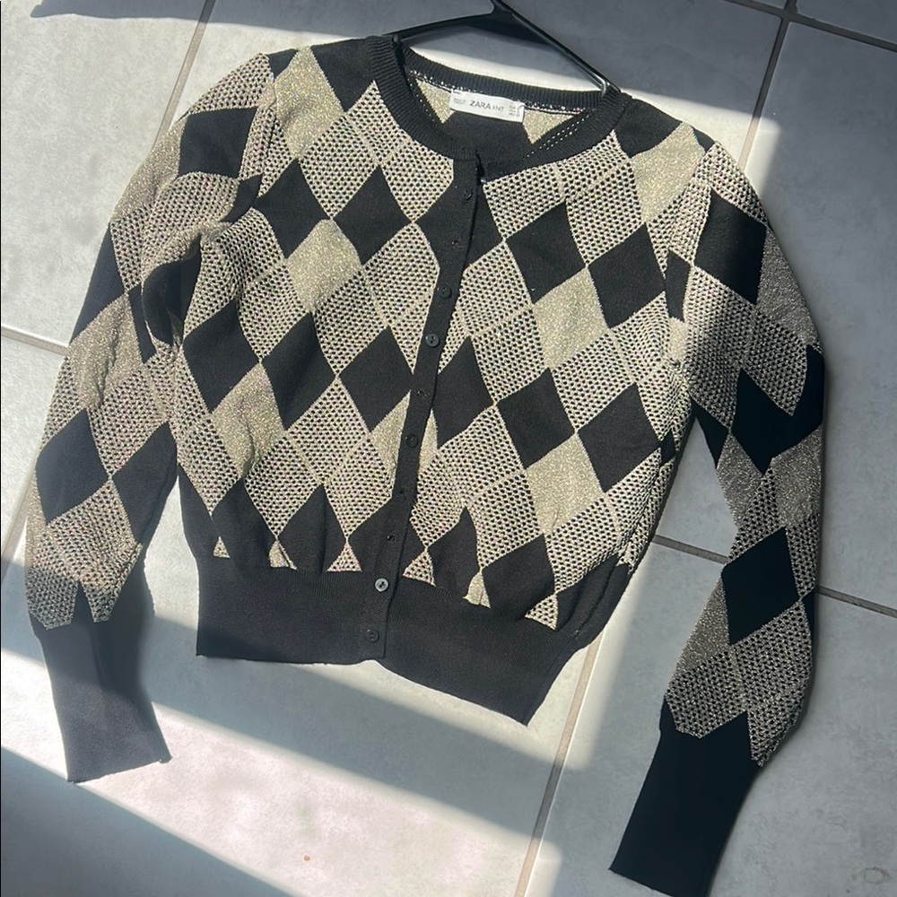Zara Black and Cream Checkered Cardigan